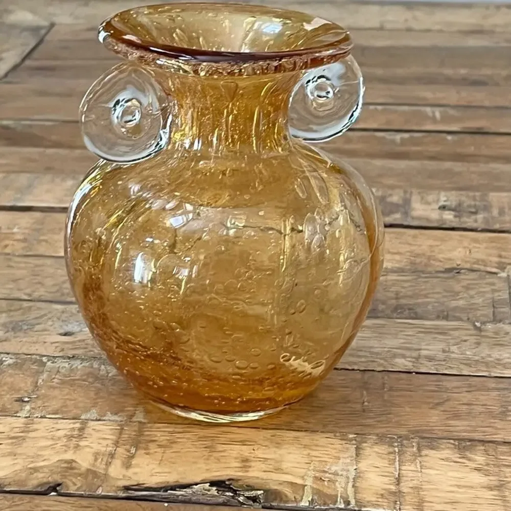 Vintage Hand Blown Glass Vase 5.5 in Amber Yellow Bubble Design w Scroll Handles